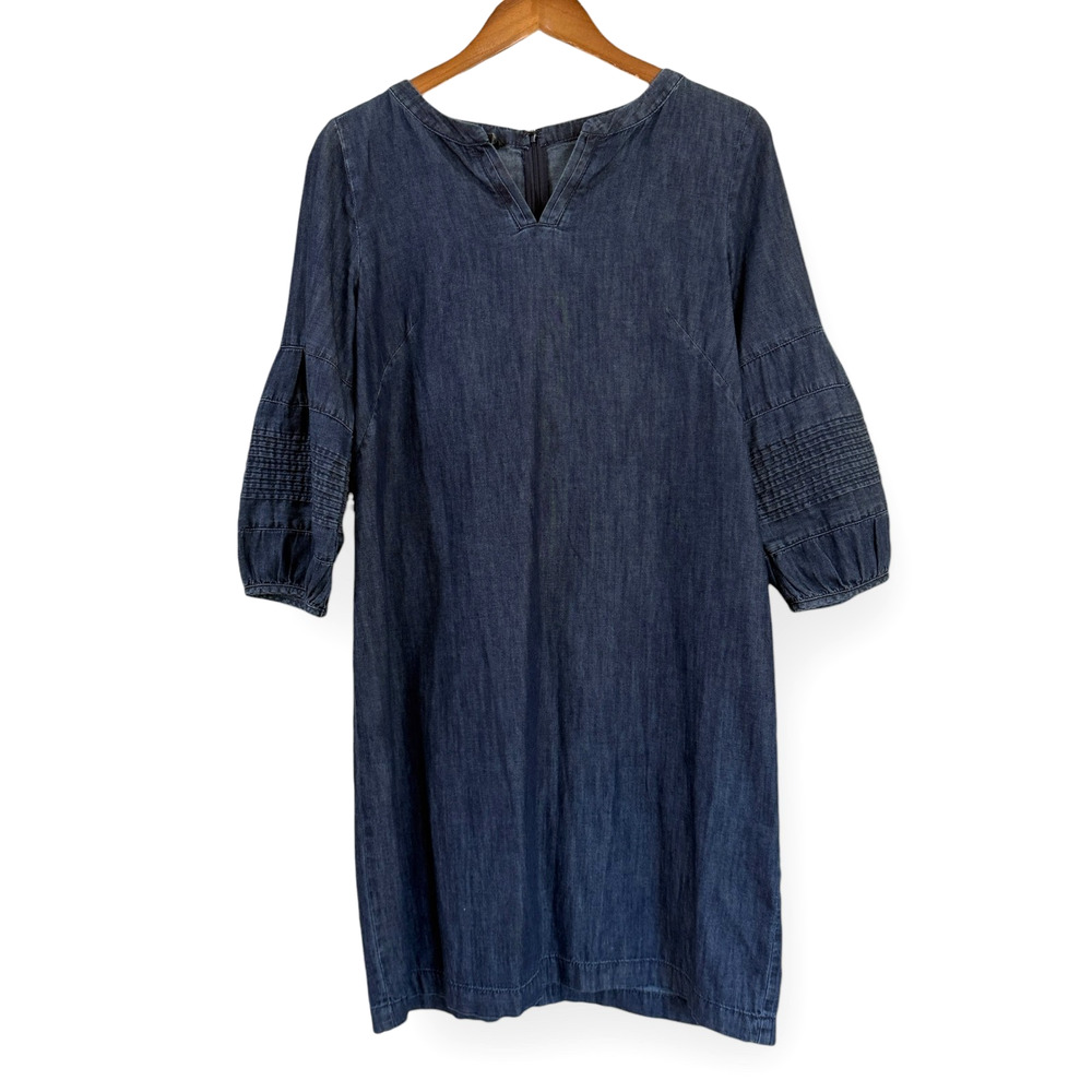 Talbots Denim Chambray Dress Womens 8P Striated Blue Puff Sleeve Boho Cottage